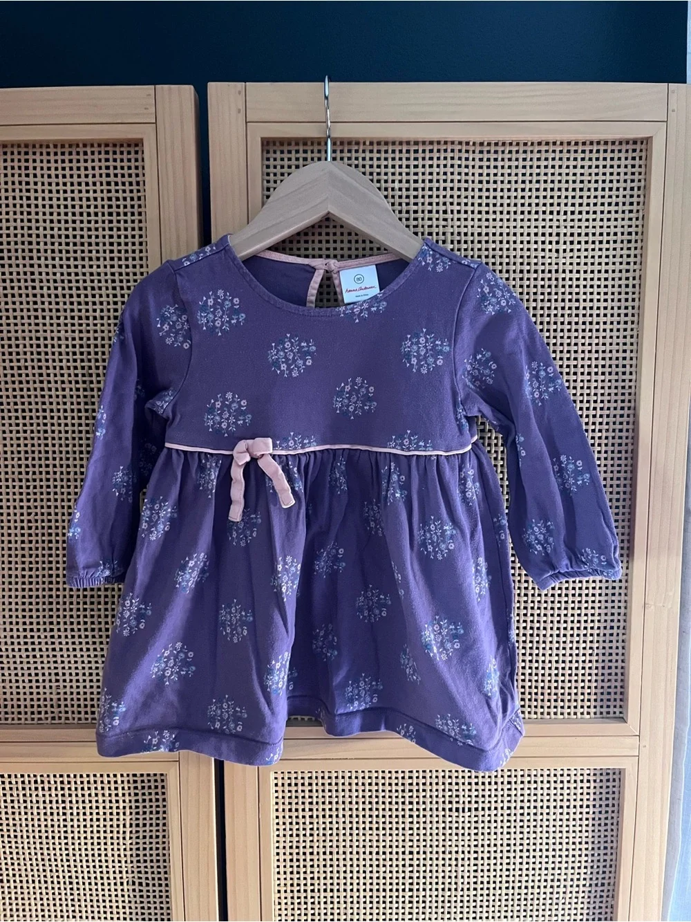 Hanna Andersson 12-18M Purple Floral Long-Sleeve Dress with Pink Bow